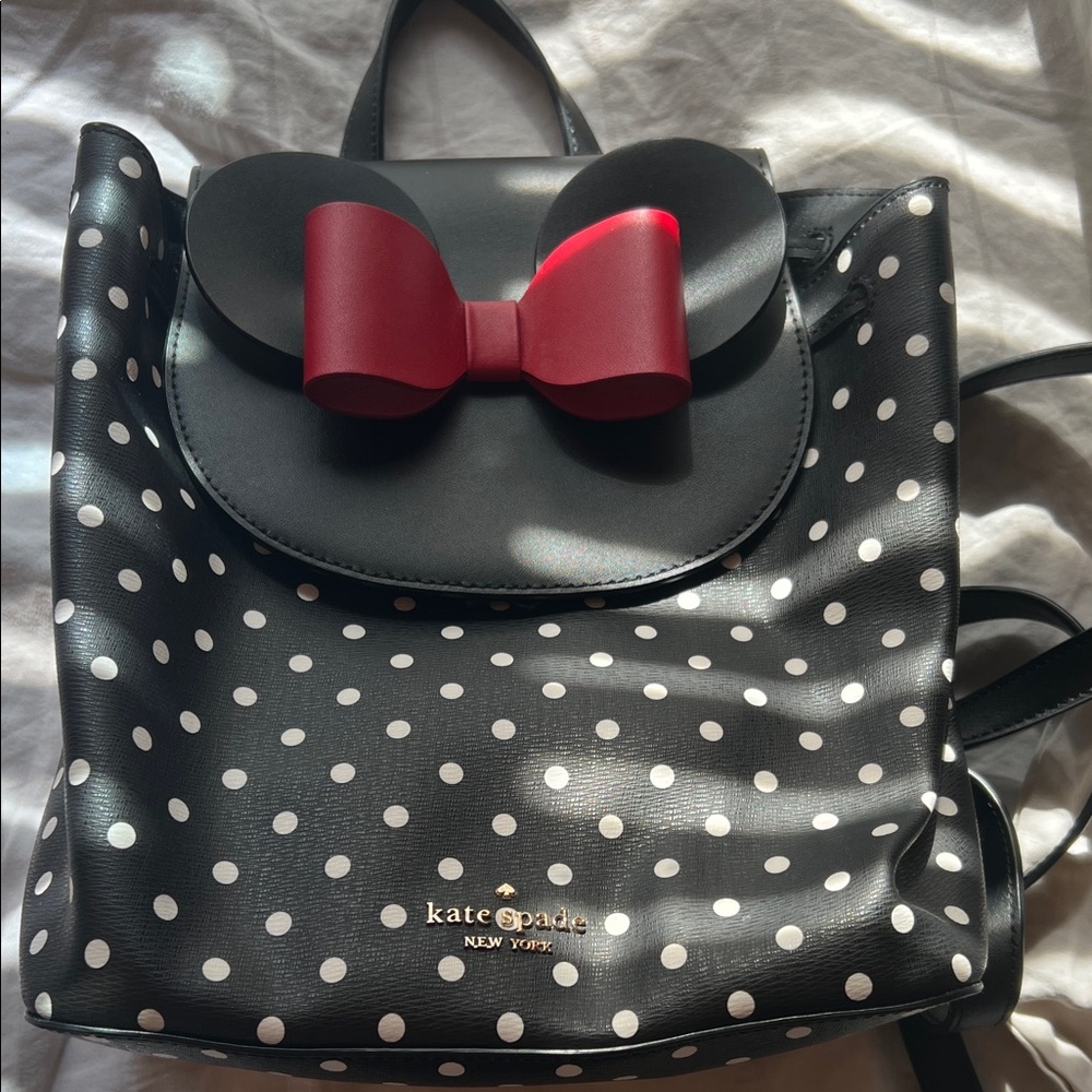 Kate Spade Black and White Polka Dot Backpack with Red Bow
